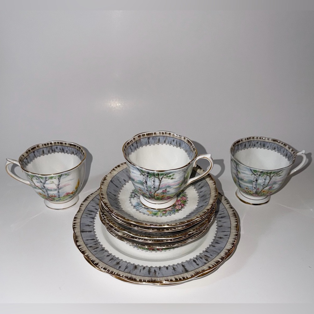 Royal Albert Silver Birch Bone China Lot (2 Salad Plates 5 Saucers 3 Tea Cups)